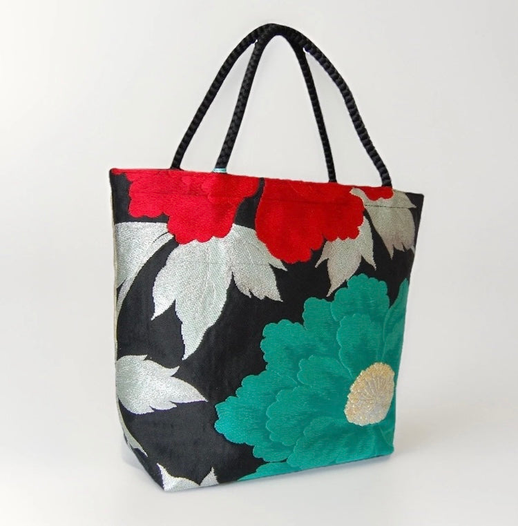 Vintage Fukuro Obi Mini Tote Bag — Mint & Silver Peony on Black Silk