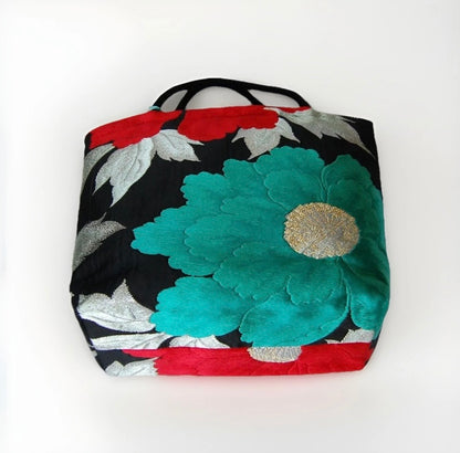 Vintage Fukuro Obi Mini Tote Bag — Mint & Silver Peony on Black Silk
