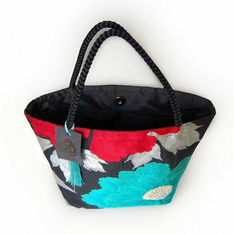 Vintage Fukuro Obi Mini Tote Bag — Mint & Silver Peony on Black Silk