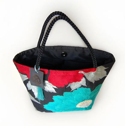 Vintage Fukuro Obi Mini Tote Bag — Mint & Silver Peony on Black Silk