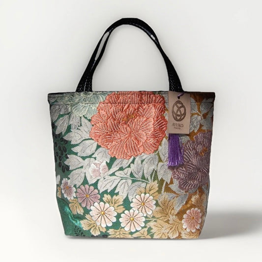 Vintage Fukuro Obi Mini Tote Bag — Peony in Gold & Matcha Green Silk