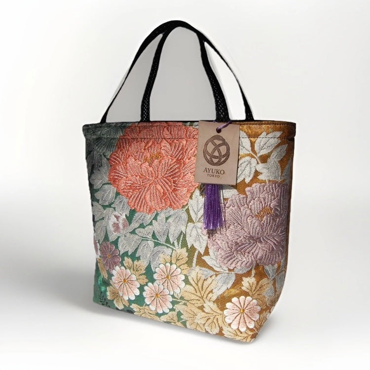 Vintage Fukuro Obi Mini Tote Bag — Peony in Gold & Matcha Green Silk