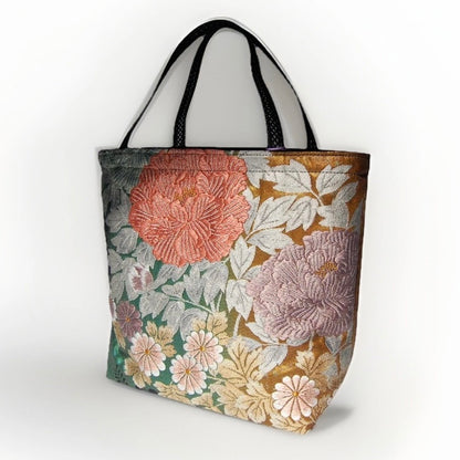 Vintage Fukuro Obi Mini Tote Bag — Peony in Gold & Matcha Green Silk