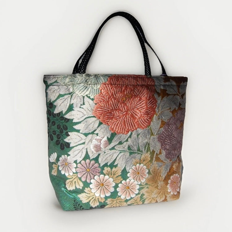 Vintage Fukuro Obi Mini Tote Bag — Peony in Gold & Matcha Green Silk
