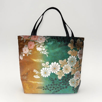 Vintage Fukuro Obi Mini Tote Bag — Peony in Gold & Matcha Green Silk
