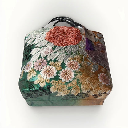 Vintage Fukuro Obi Mini Tote Bag — Peony in Gold & Matcha Green Silk