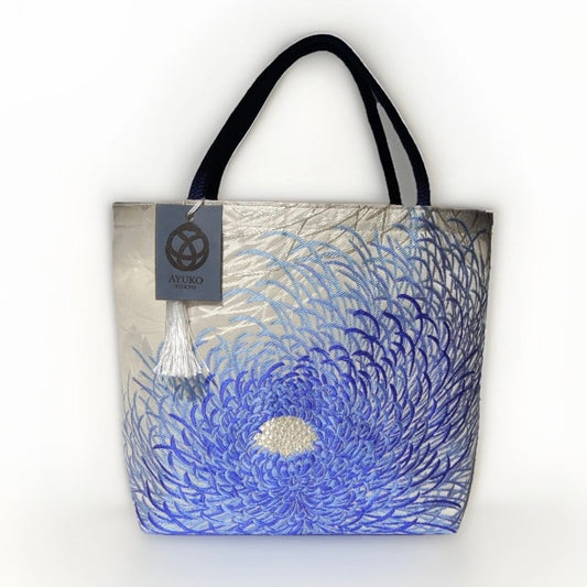 Rangiku 乱菊 Chrysanthemum Vintage Obi Silk Tote in Blue Silver