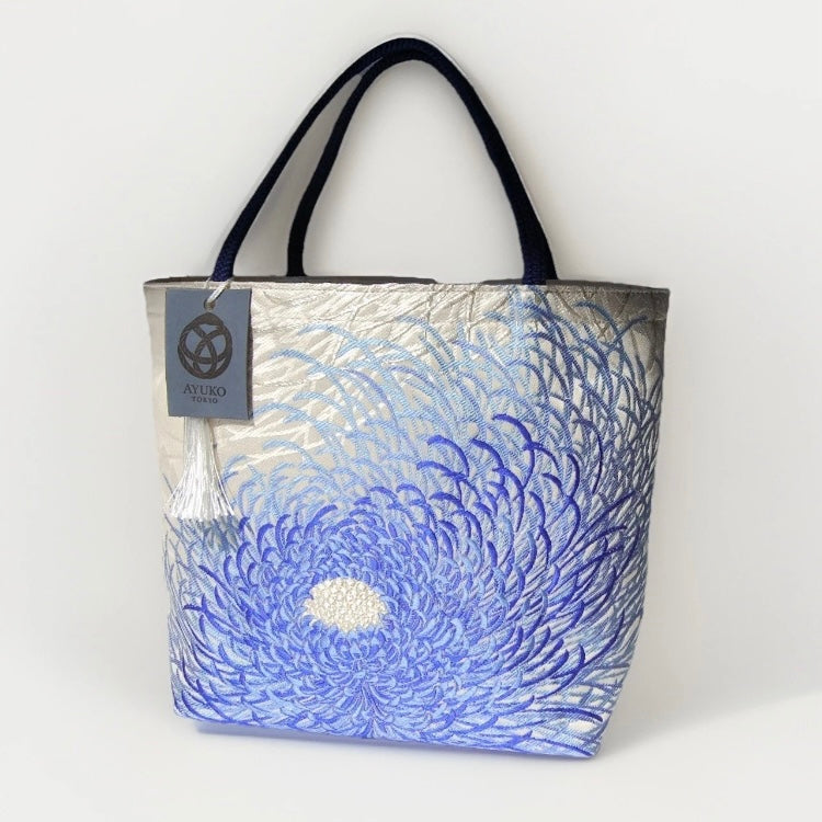 Rangiku 乱菊 Chrysanthemum Vintage Obi Silk Tote in Blue Silver