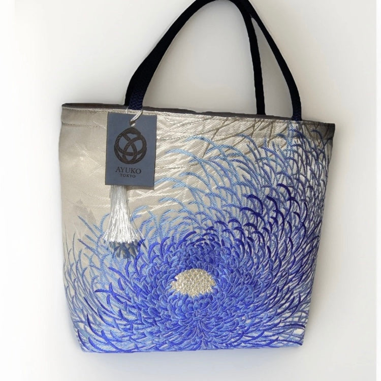 Rangiku 乱菊 Chrysanthemum Vintage Obi Silk Tote in Blue Silver