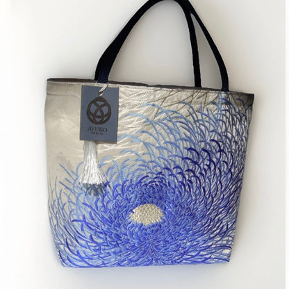 Rangiku 乱菊 Chrysanthemum Vintage Obi Silk Tote in Blue Silver