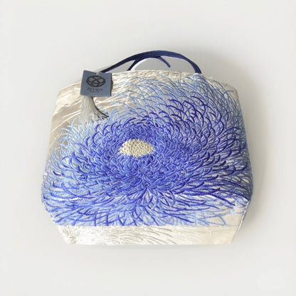 Rangiku 乱菊 Chrysanthemum Vintage Obi Silk Tote in Blue Silver