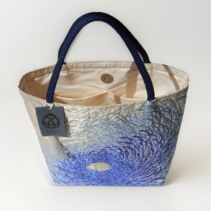 Rangiku 乱菊 Chrysanthemum Vintage Obi Silk Tote in Blue Silver