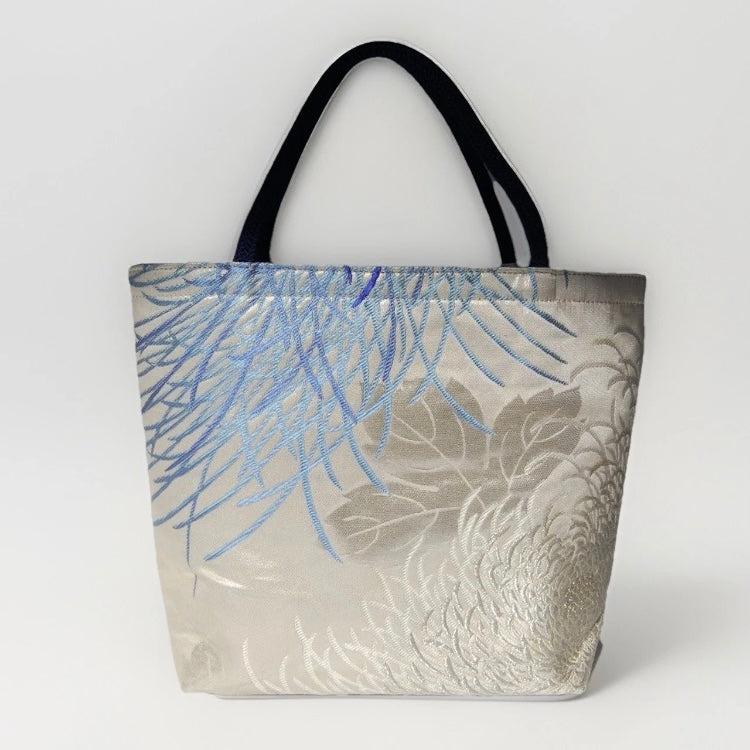 Rangiku 乱菊 Chrysanthemum Vintage Obi Silk Tote in Blue Silver