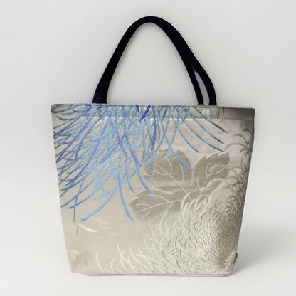 Rangiku 乱菊 Chrysanthemum Vintage Obi Silk Tote in Blue Silver