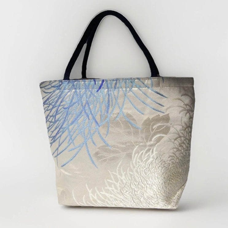 Rangiku 乱菊 Chrysanthemum Vintage Obi Silk Tote in Blue Silver
