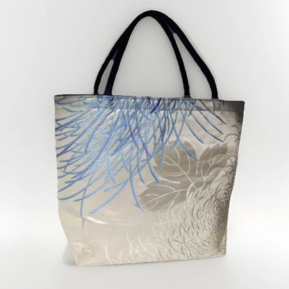 Rangiku 乱菊 Chrysanthemum Vintage Obi Silk Tote in Blue Silver