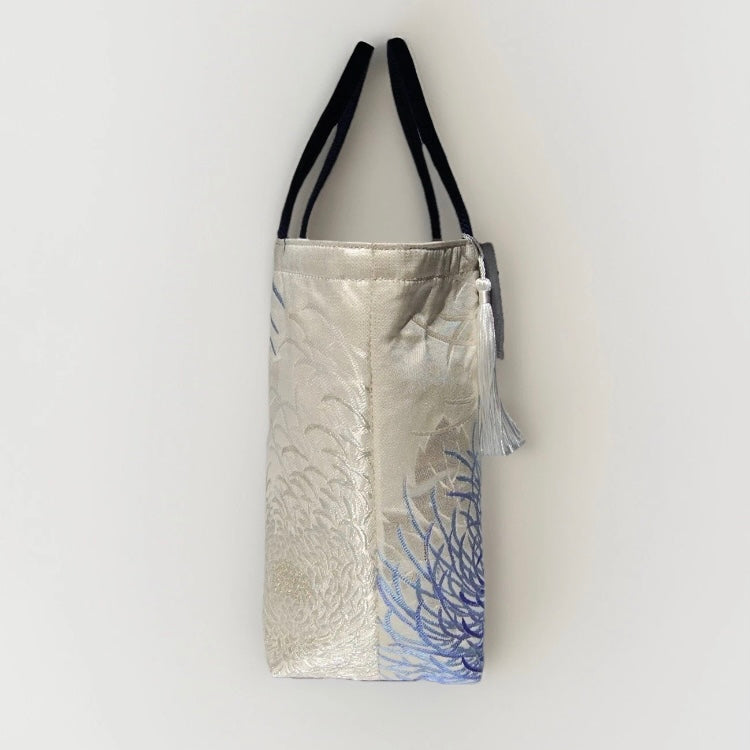 Rangiku 乱菊 Chrysanthemum Vintage Obi Silk Tote in Blue Silver