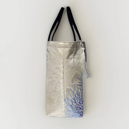 Rangiku 乱菊 Chrysanthemum Vintage Obi Silk Tote in Blue Silver
