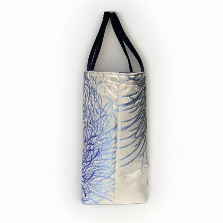 Rangiku 乱菊 Chrysanthemum Vintage Obi Silk Tote in Blue Silver