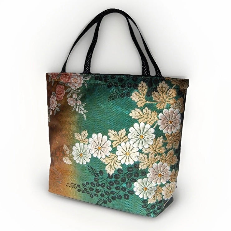 Vintage Fukuro Obi Mini Tote Bag — Peony in Gold & Matcha Green Silk