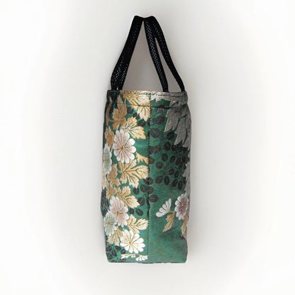 Vintage Fukuro Obi Mini Tote Bag — Peony in Gold & Matcha Green Silk