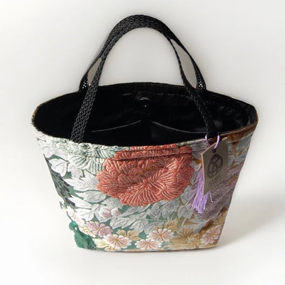 Vintage Fukuro Obi Mini Tote Bag — Peony in Gold & Matcha Green Silk