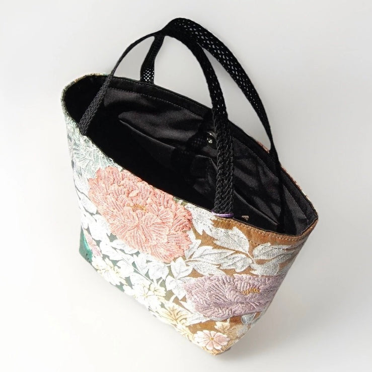 Vintage Fukuro Obi Mini Tote Bag — Peony in Gold & Matcha Green Silk