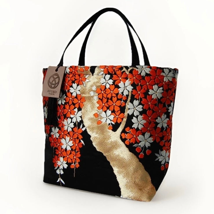 Vintage Fukuro Obi Mini Tote Bag — Vermilion Shidare-Zakura on Black Silk