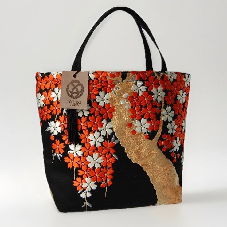 Vintage Fukuro Obi Mini Tote Bag — Vermilion Shidare-Zakura on Black Silk