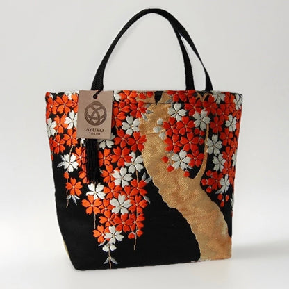 Vintage Fukuro Obi Mini Tote Bag — Vermilion Shidare-Zakura on Black Silk