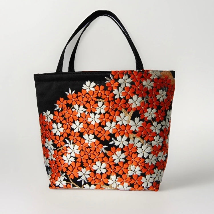 Vintage Fukuro Obi Mini Tote Bag — Vermilion Shidare-Zakura on Black Silk