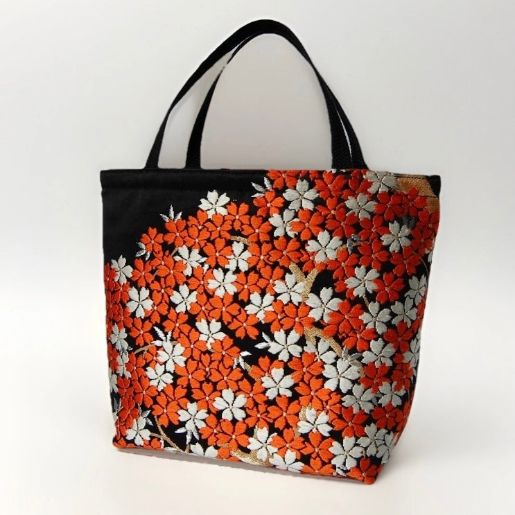 Vintage Fukuro Obi Mini Tote Bag — Vermilion Shidare-Zakura on Black Silk