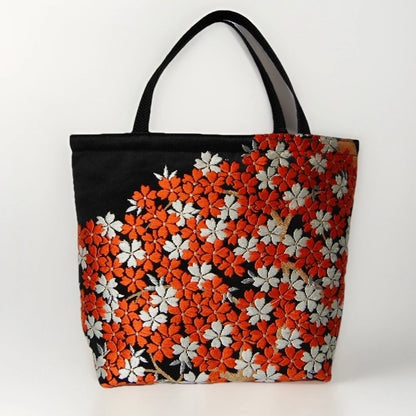 Vintage Fukuro Obi Mini Tote Bag — Vermilion Shidare-Zakura on Black Silk