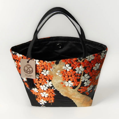 Vintage Fukuro Obi Mini Tote Bag — Vermilion Shidare-Zakura on Black Silk