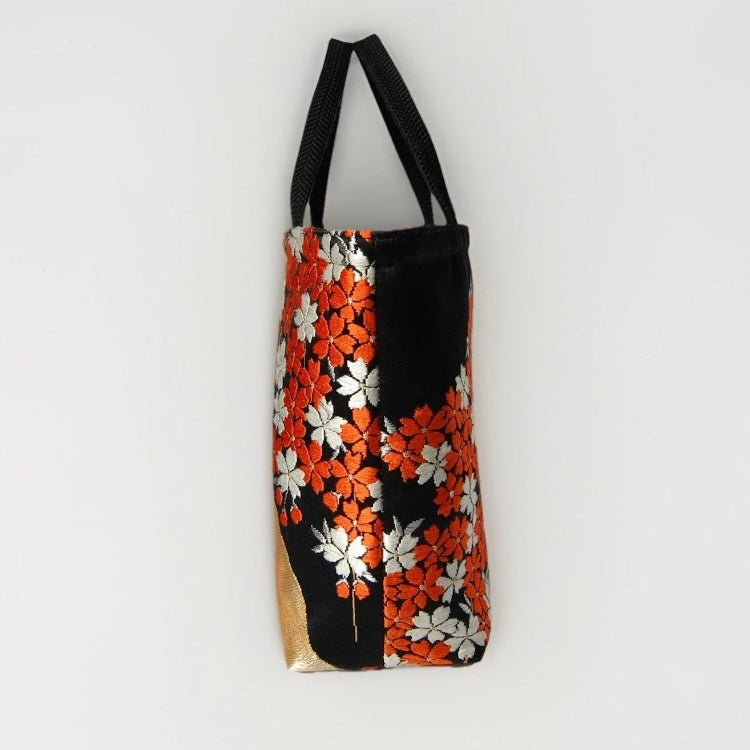 Vintage Fukuro Obi Mini Tote Bag — Vermilion Shidare-Zakura on Black Silk