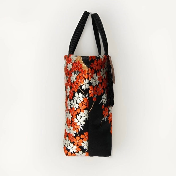 Vintage Fukuro Obi Mini Tote Bag — Vermilion Shidare-Zakura on Black Silk