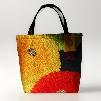 Kiku-zukushi 菊尽くし Vintage Obi Silk Tote in Black Multi