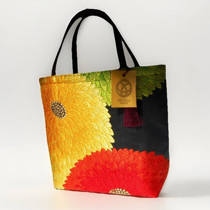 Kiku-zukushi 菊尽くし Vintage Obi Silk Tote in Black Multi