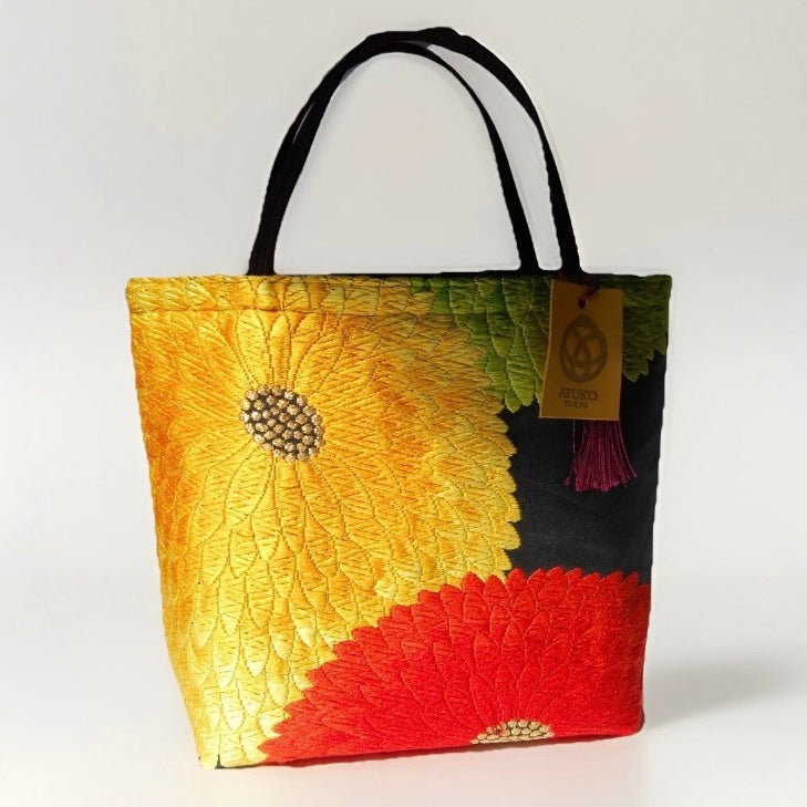 Kiku-zukushi 菊尽くし Vintage Obi Silk Tote in Black Multi