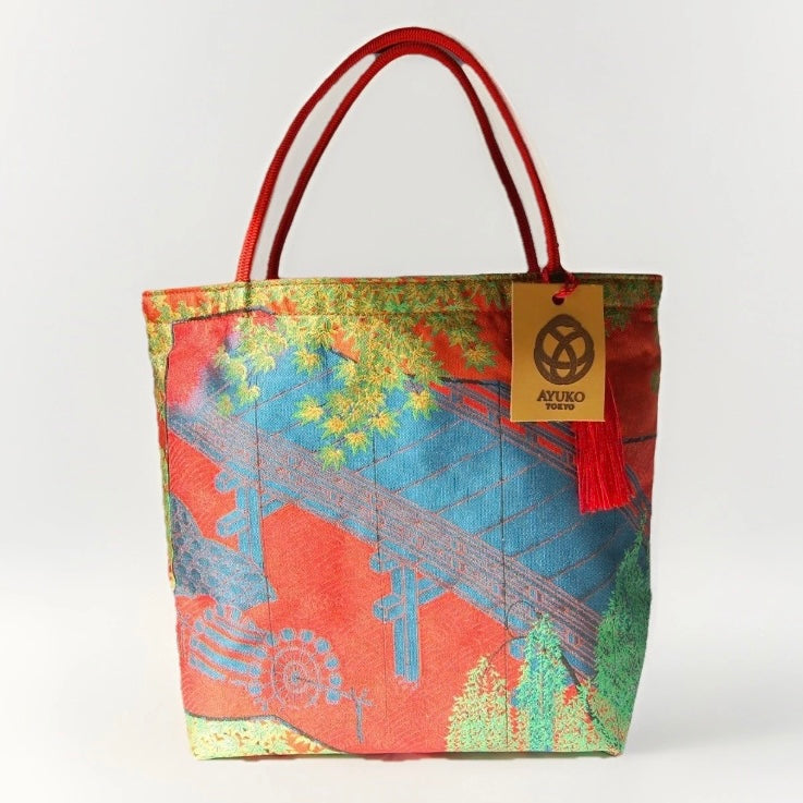 Vintage Fukuro Obi Mini Tote Bag — Bridge & Maple Landscape on Red Silk