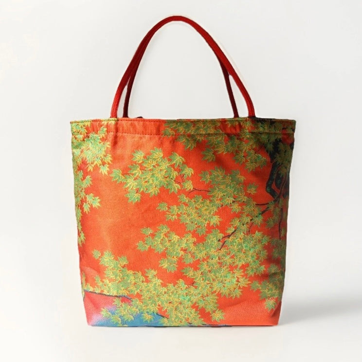 Vintage Fukuro Obi Mini Tote Bag — Bridge & Maple Landscape on Red Silk