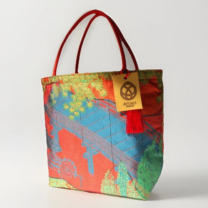 Vintage Fukuro Obi Mini Tote Bag — Bridge & Maple Landscape on Red Silk