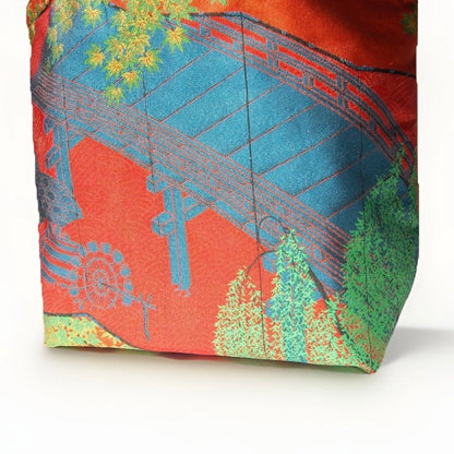 Vintage Fukuro Obi Mini Tote Bag — Bridge & Maple Landscape on Red Silk
