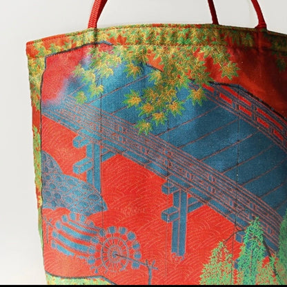 Vintage Fukuro Obi Mini Tote Bag — Bridge & Maple Landscape on Red Silk