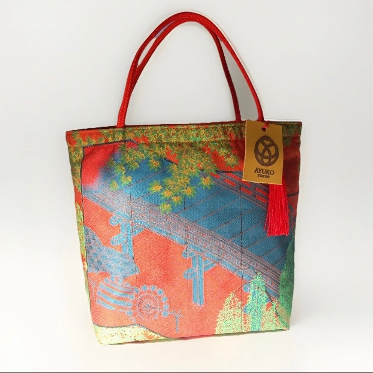 Vintage Fukuro Obi Mini Tote Bag — Bridge & Maple Landscape on Red Silk