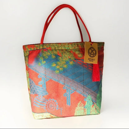Vintage Fukuro Obi Mini Tote Bag — Bridge & Maple Landscape on Red Silk