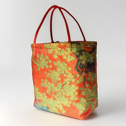Vintage Fukuro Obi Mini Tote Bag — Bridge & Maple Landscape on Red Silk