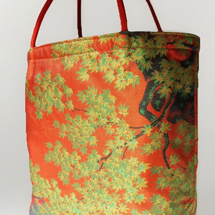 Vintage Fukuro Obi Mini Tote Bag — Bridge & Maple Landscape on Red Silk