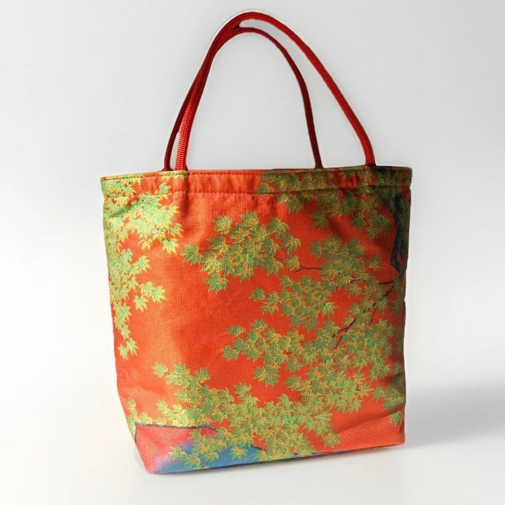 Vintage Fukuro Obi Mini Tote Bag — Bridge & Maple Landscape on Red Silk
