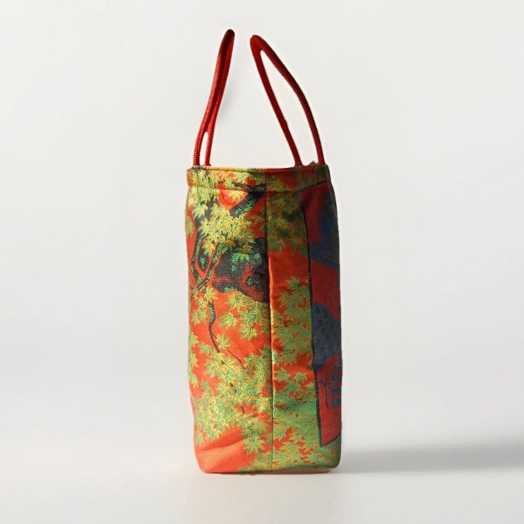 Vintage Fukuro Obi Mini Tote Bag — Bridge & Maple Landscape on Red Silk